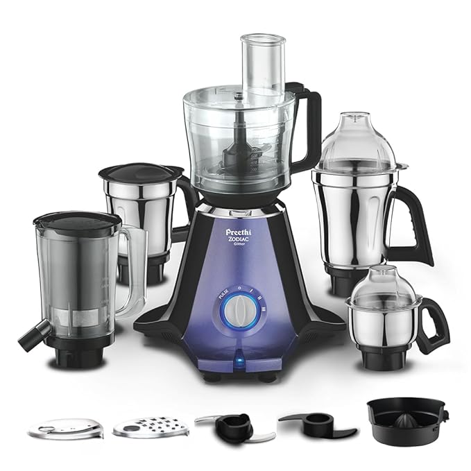 Preethi Zodiac Glitter MG 264, 750 Watts, 5 Jars including Masterchef Jar, Super Extractor, 5 Yr Motor Warranty & Lifelong Free service, Lavender/Black