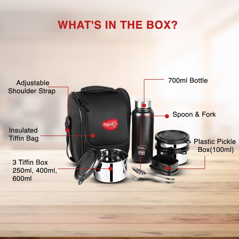 Pigeon Treat Lunch Box with 700ml bottle,SS spoon & fork,3 Stainless Steel tiffin box with BPA free Leak Proof Lids (250ml, 400ml, 600ml),Plastic pickle box (100ml), Insulated tiffin bag