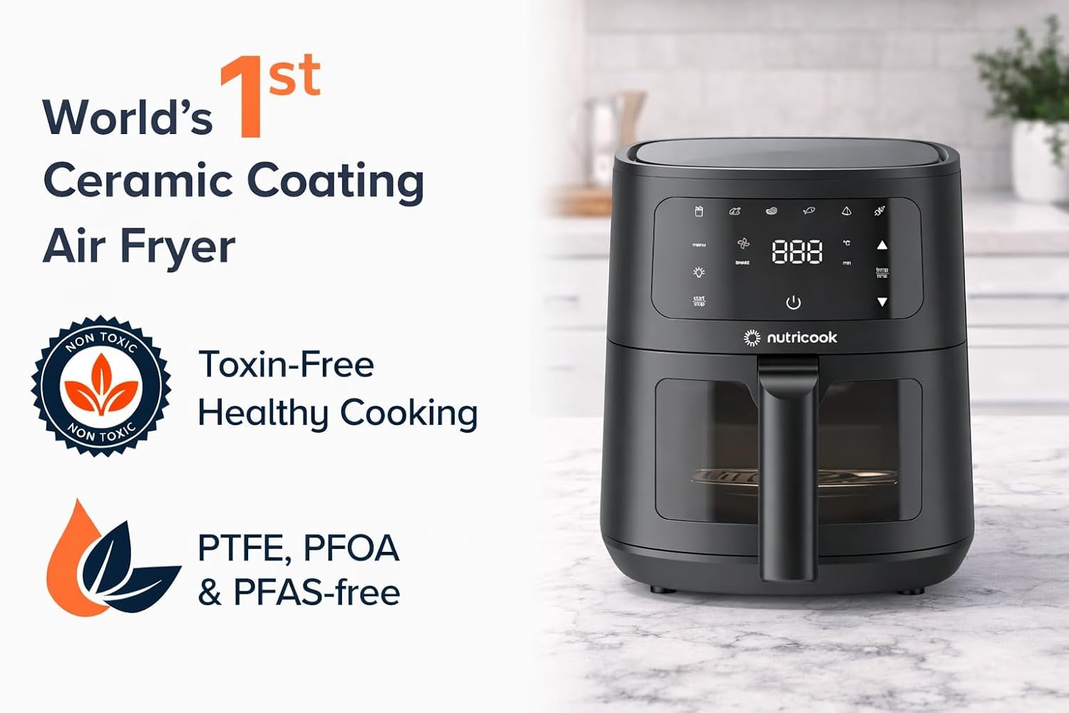 Nutricook 4.5L Air Fryer Essential, 2026 New Launch, 100% Toxin-Free Ceramic Coating - No PTFE, PFAS, PFOA or Microplastics, Clear Window, 1300W, 6 Cooking Programs, 2-Year Warranty
