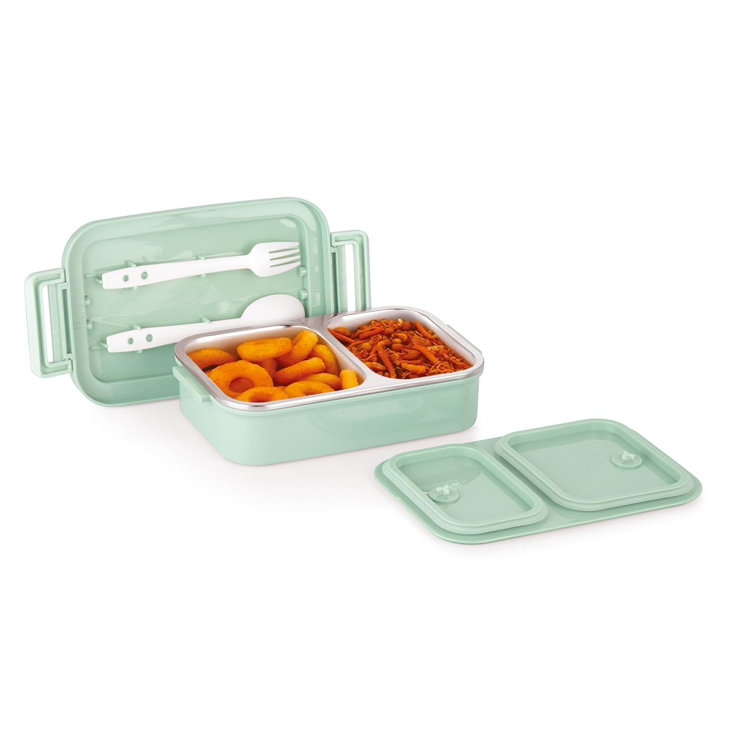 Taste Buddy Insulated Lunch Box with 2 Compartment 1 Spoons,/fork Stylish Lid with Easy Carrying Handle,1 Seprate Internal Lid Perfect for School,Office-800Ml (Multi color)