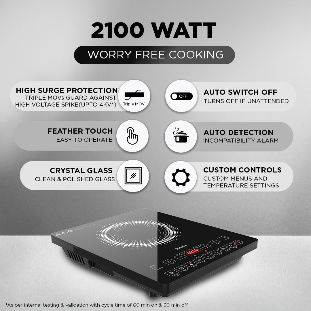 Preethi Indicook IC125 | 2100-Watt Induction Cooktop | Fast Gas-Free Cooking | No LPG Required || 3 Year Coil Warranty | Voltage surge protetion | Preset Indian Menus | Crystal Glass Plate | Black