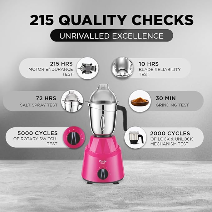 Preethi Galaxy Mixer Grinder 750 Watt with 3 Jars, 5 Yr Motor Warranty (Pink)