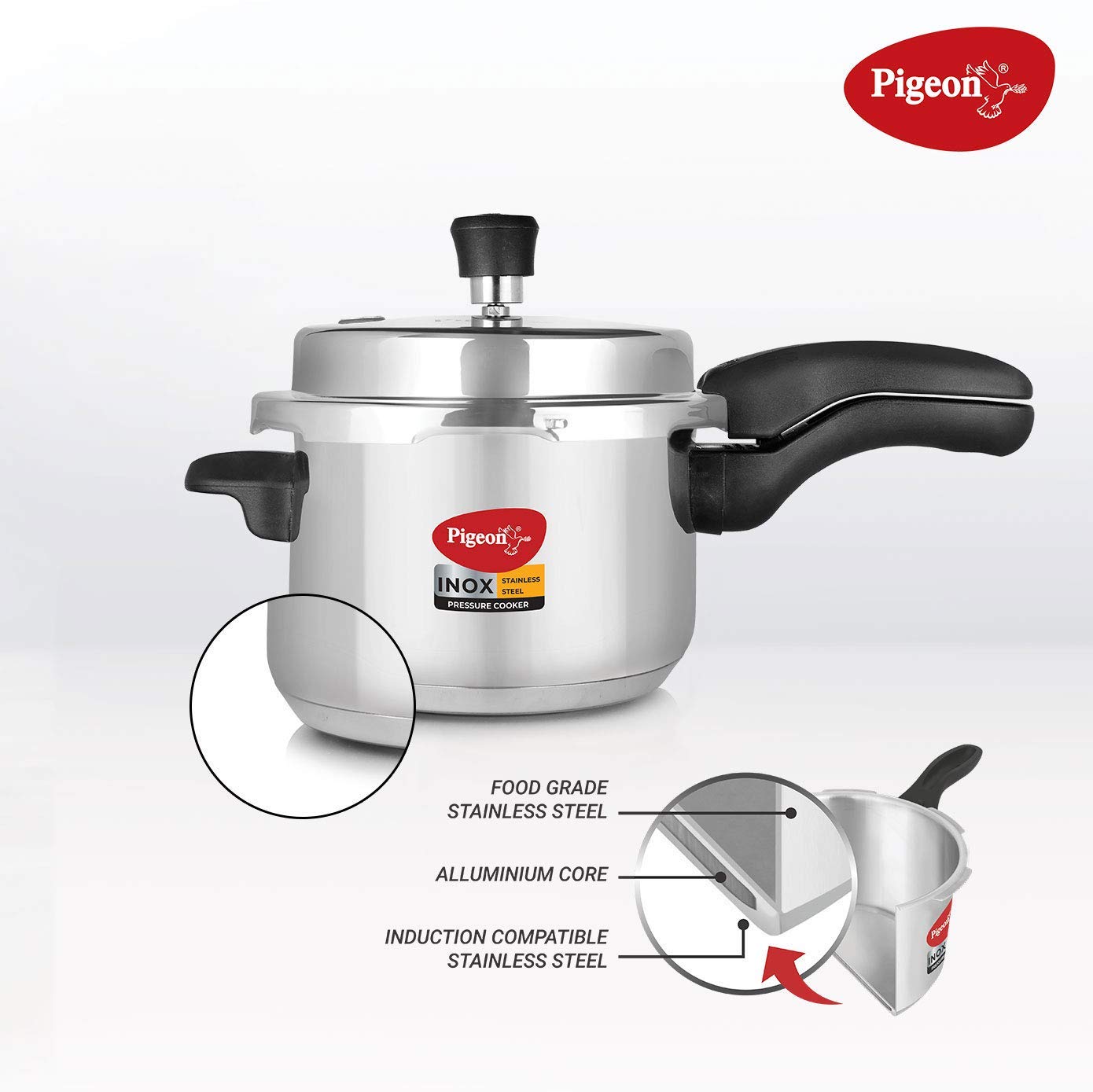 PIGEON Inox Stainless Steel 5 Litre (14046), Induction Base Pressure Cooker, Outer Lid, Silver