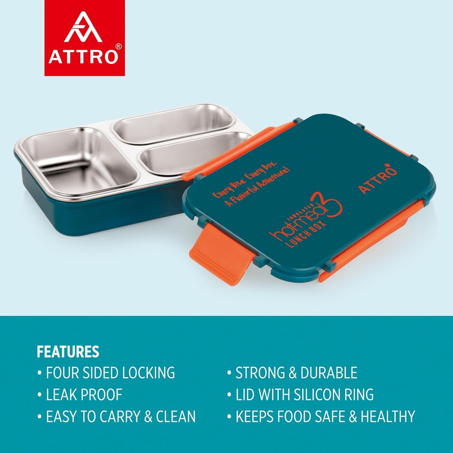 Hot-Meal 3 Insulated Lunch Box with 3 Compartment, Inner Stainless Steel & Locking Lid BPA-Free Food Grade Ideal for School, Office - 900ml
