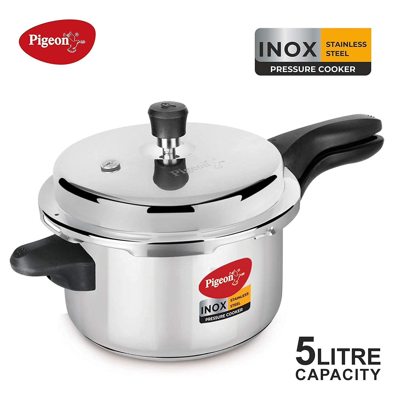 PIGEON Inox Stainless Steel 5 Litre (14046), Induction Base Pressure Cooker, Outer Lid, Silver