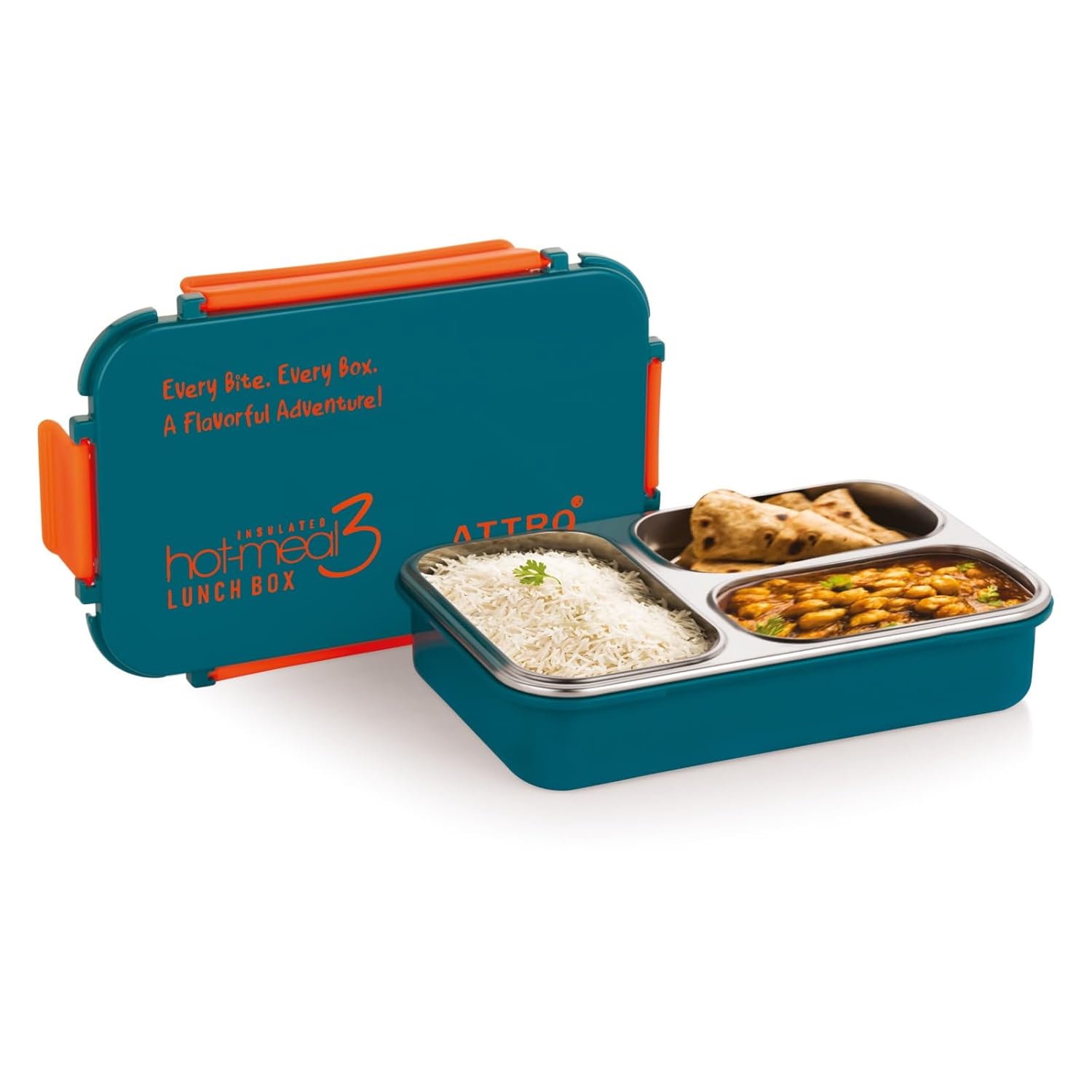 Hot-Meal 3 Insulated Lunch Box with 3 Compartment, Inner Stainless Steel & Locking Lid BPA-Free Food Grade Ideal for School, Office - 900ml