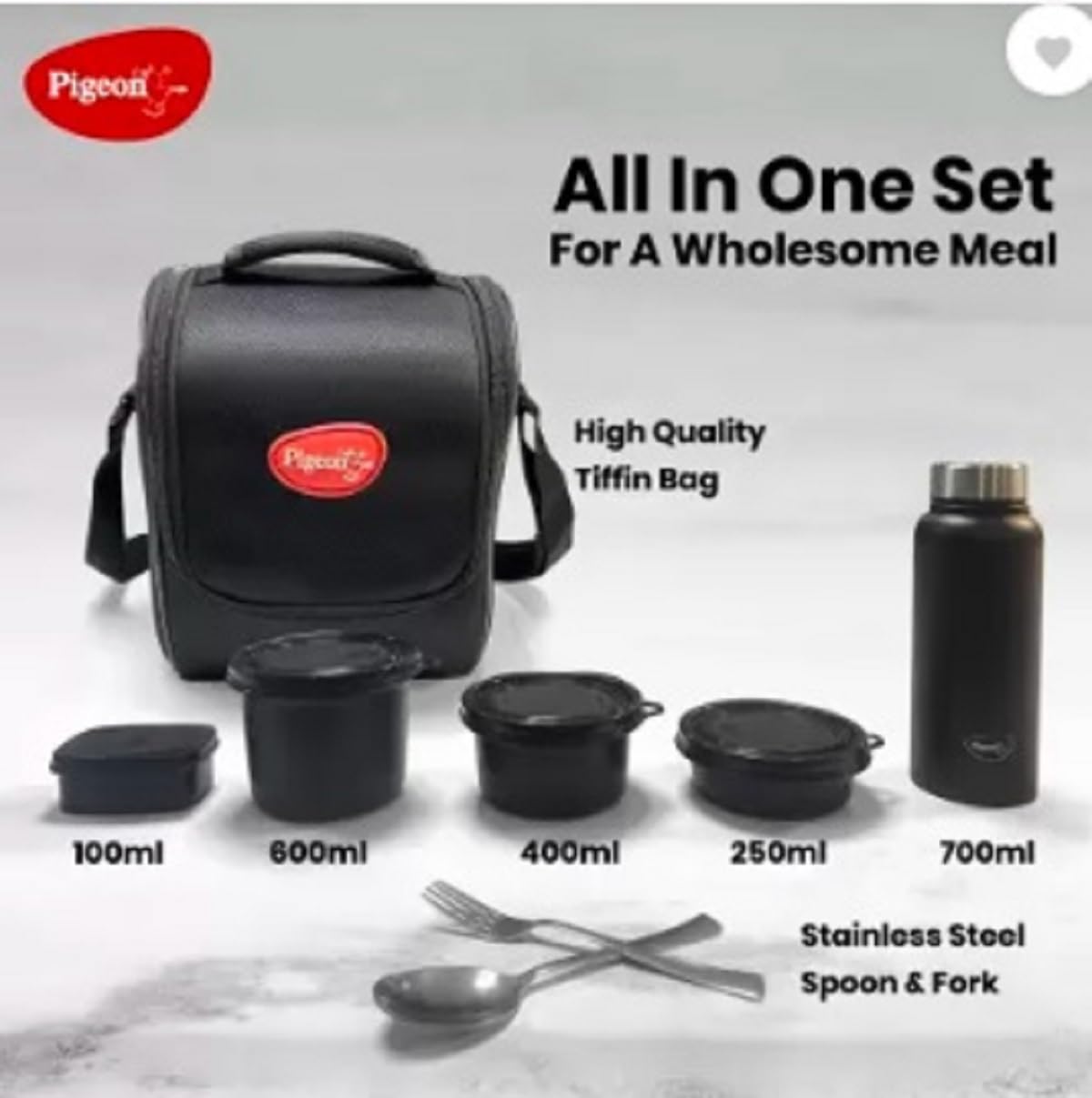 Pigeon Heat and Treat Lunch Box Pack of 4 Microwave Safe, Leak Proof| 600ml,400ml,250ml,100ml | 750ml Black Bottle