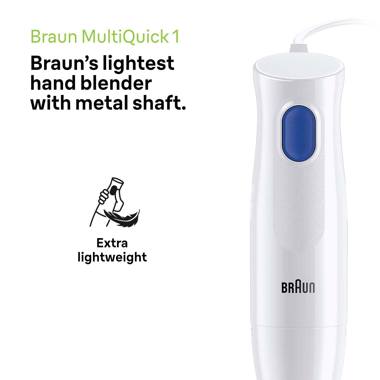 Braun MultiQuick 1 Hand Blender 450W with 600ml Beaker, EasyTwist Technology, Lightweight, Stainless Steel, BPA-Free for Baby Food, Chutney, Puree, Lassi, Smoothie, Soup, Shake MQ10.001M