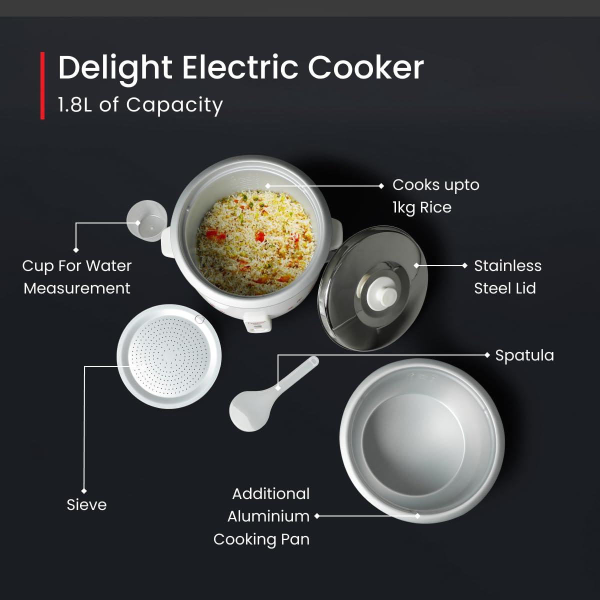Prestige 1.8 Litres Electric Rice Cooker (PRWO 1.8 Litres)| 2 Aluminium Cooking Pans | Stainless Steel Lid | Grey/White | Cool Touch Handles | Detachable Power Cord | 700- Watt