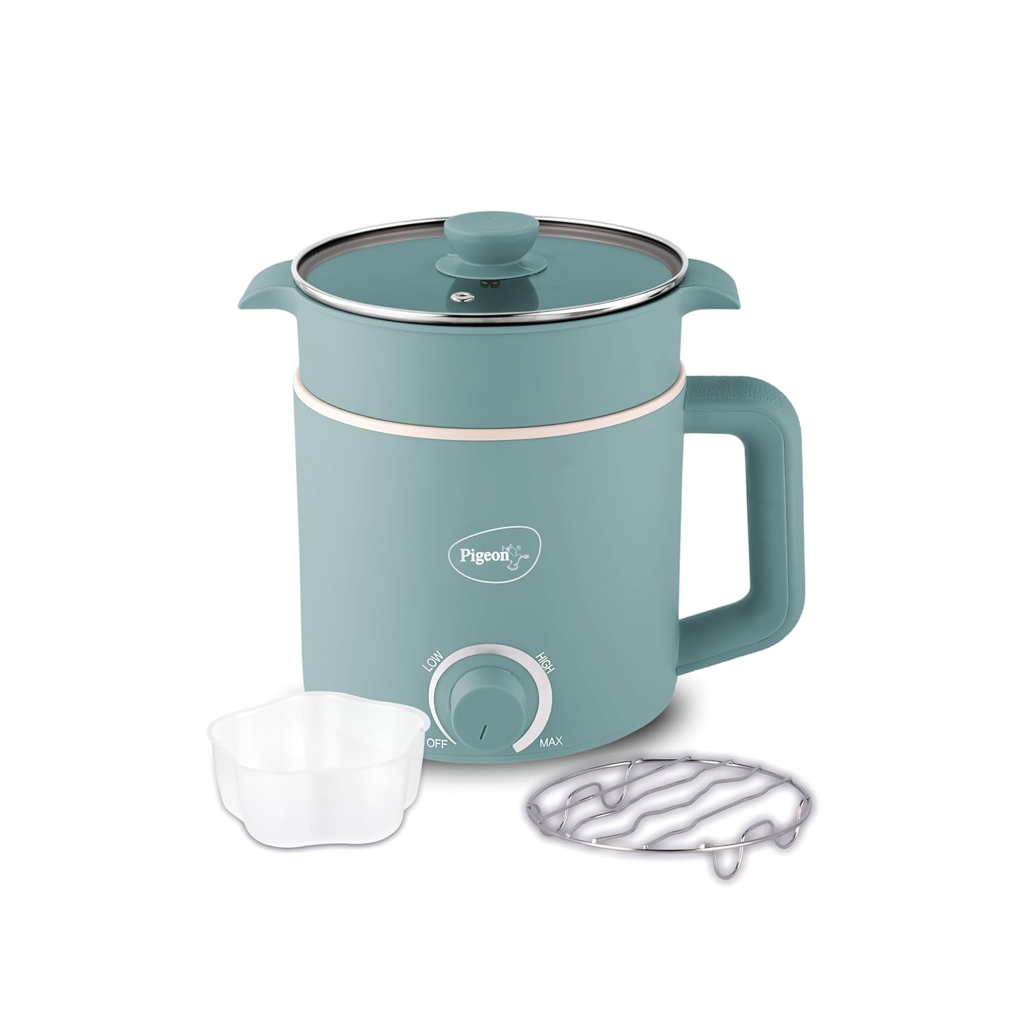 Pigeon Swift Plus Multi-Cook Kettle 1.5L, with Stainless Steel Steamer, Egg Rack - Blue | Double Layered | Food Grade Stainless Steel Inner wall | Glass Lid | Auto Shut-off