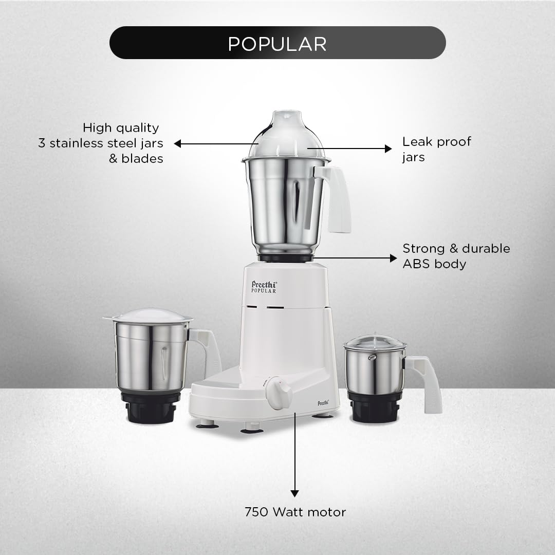 Preethi Popular Mixer Grinder 750 Watt with 3 Jars, 5 Year Warranty (White)