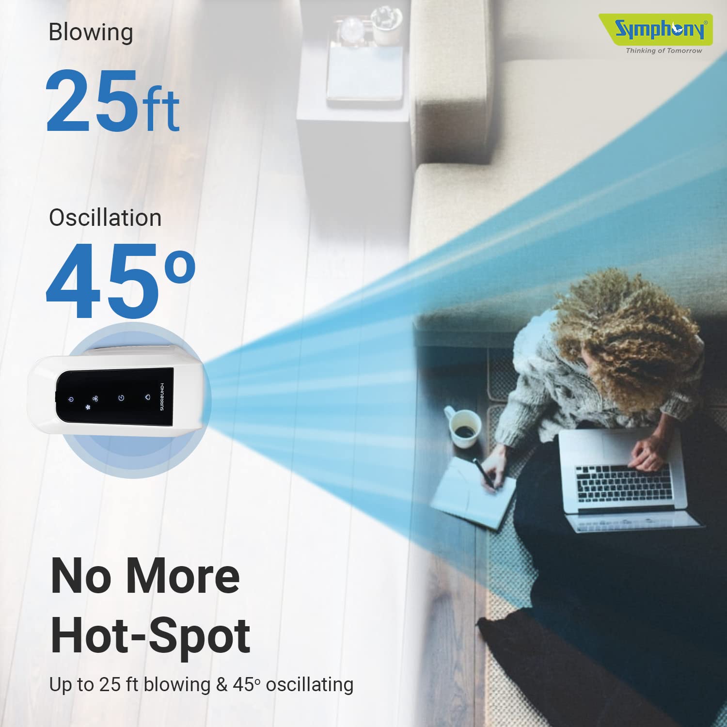 Symphony Surround-i High Speed Bladeless Technology Tower Fan for Home With Touchscreen Control Panel, Remote, and Swivel Action