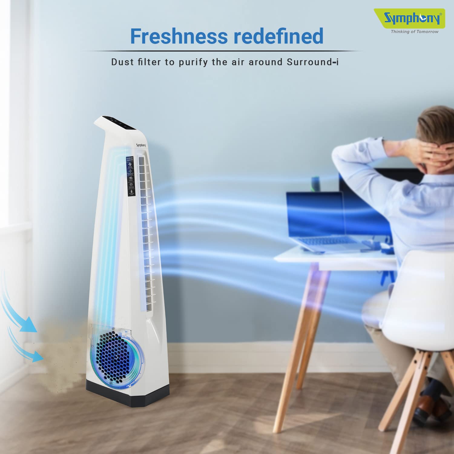 Symphony Surround-i High Speed Bladeless Technology Tower Fan for Home With Touchscreen Control Panel, Remote, and Swivel Action