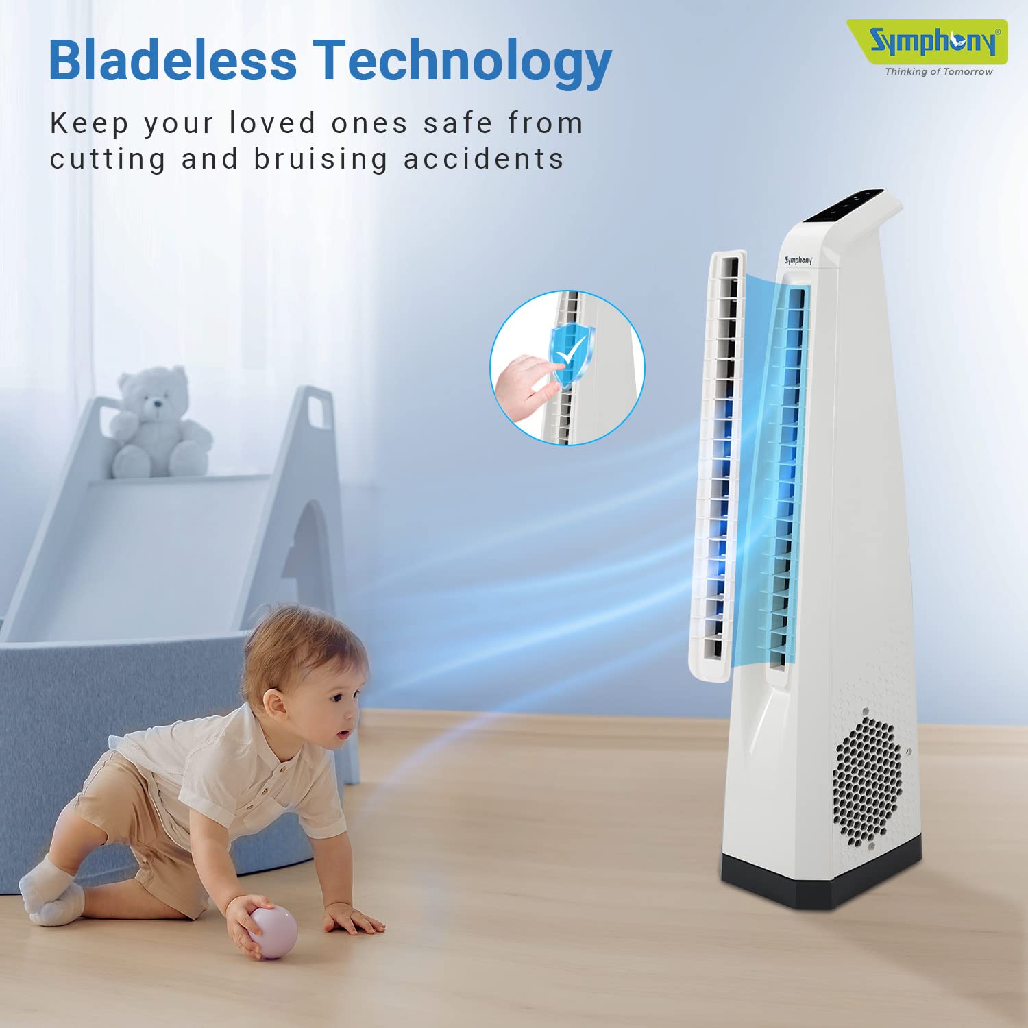 Symphony Surround-i High Speed Bladeless Technology Tower Fan for Home With Touchscreen Control Panel, Remote, and Swivel Action