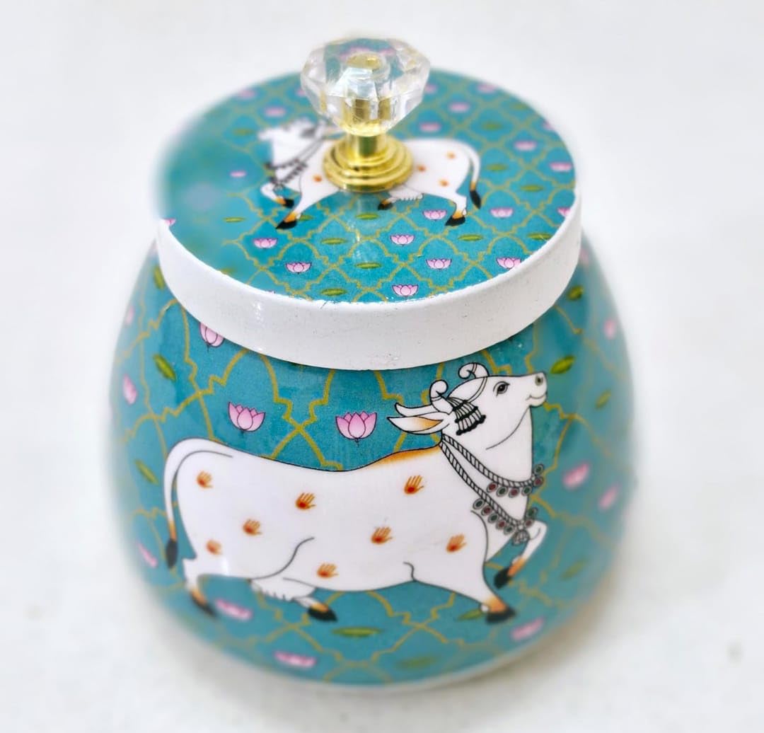 LIME 4" Round Shape Metal Gifting Storage Container Pichwai Jar Box (Random Color Design)