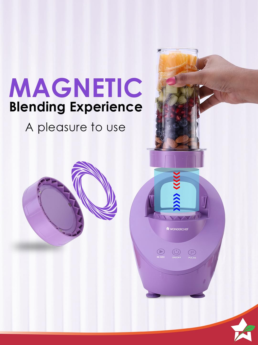 Magneto Blender | Smoothie & Juice Maker | World’s Safest with Magnetic Induction Tech | Variable Speed | Automatic with 60-sec auto-stop | Portable with Sipper Jar | Purple|2-Year Warranty