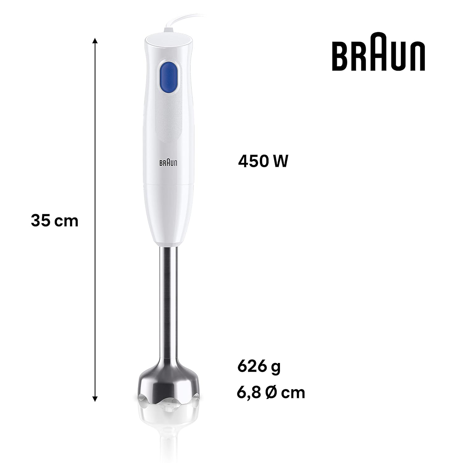 Braun MultiQuick 1 Hand Blender 450W with 600ml Beaker, EasyTwist Technology, Lightweight, Stainless Steel, BPA-Free for Baby Food, Chutney, Puree, Lassi, Smoothie, Soup, Shake MQ10.001M
