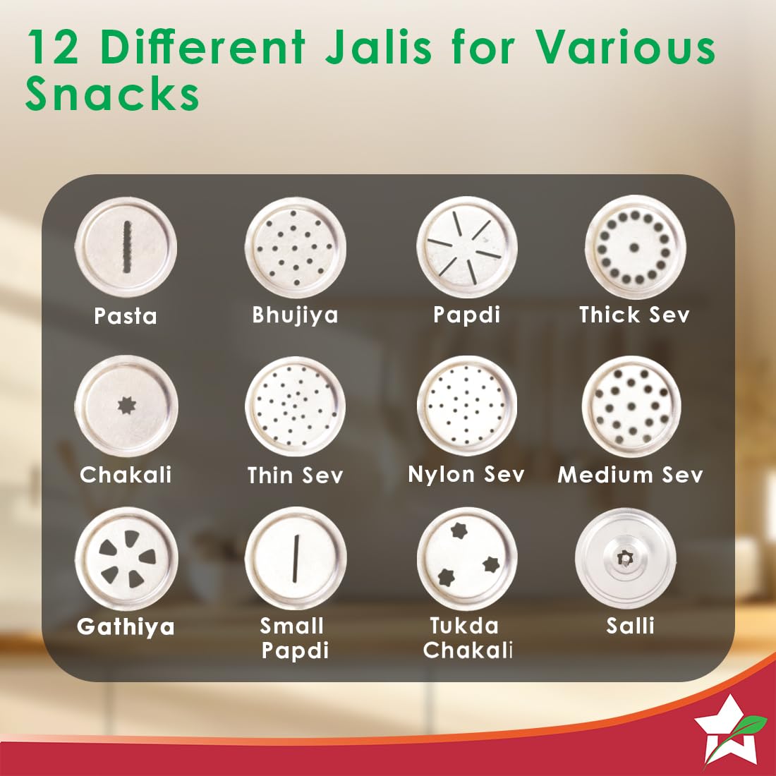 SEV Sanch Snacks Maker with 12 Different jalis, Stainless Steel Plates for Making Sev, Bhujiya, Papdi, Gathiya, Murukku, Chakli, Kitchen Tool for Making Namkeen Snacks, Farsan Maker