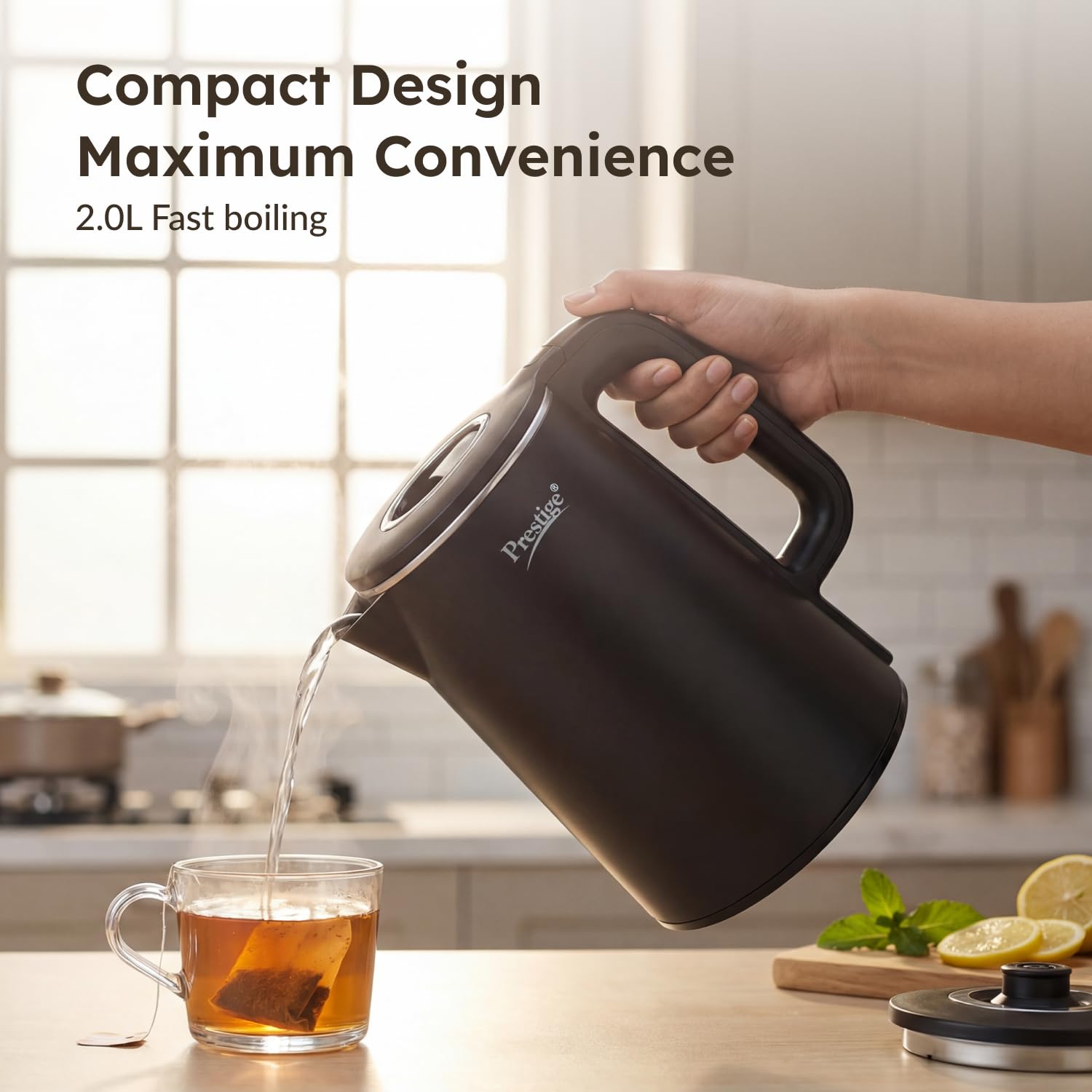 Prestige Stainless Steel Digi Kettle 2 L With 4 Preset Modes | Live Temperature Display | Elegant Cool Touch Design | Auto-Cut Off And Dry Heat Protection | 360 Degree Swivel Base, 1350 Watts, Black