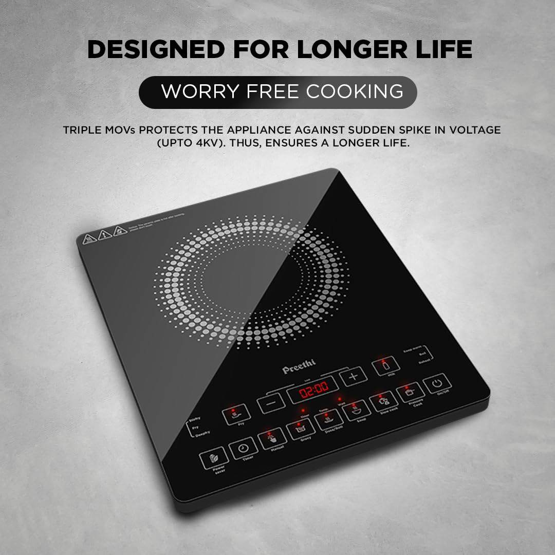 Preethi Indicook IC125 | 2100-Watt Induction Cooktop | Fast Gas-Free Cooking | No LPG Required || 3 Year Coil Warranty | Voltage surge protetion | Preset Indian Menus | Crystal Glass Plate | Black