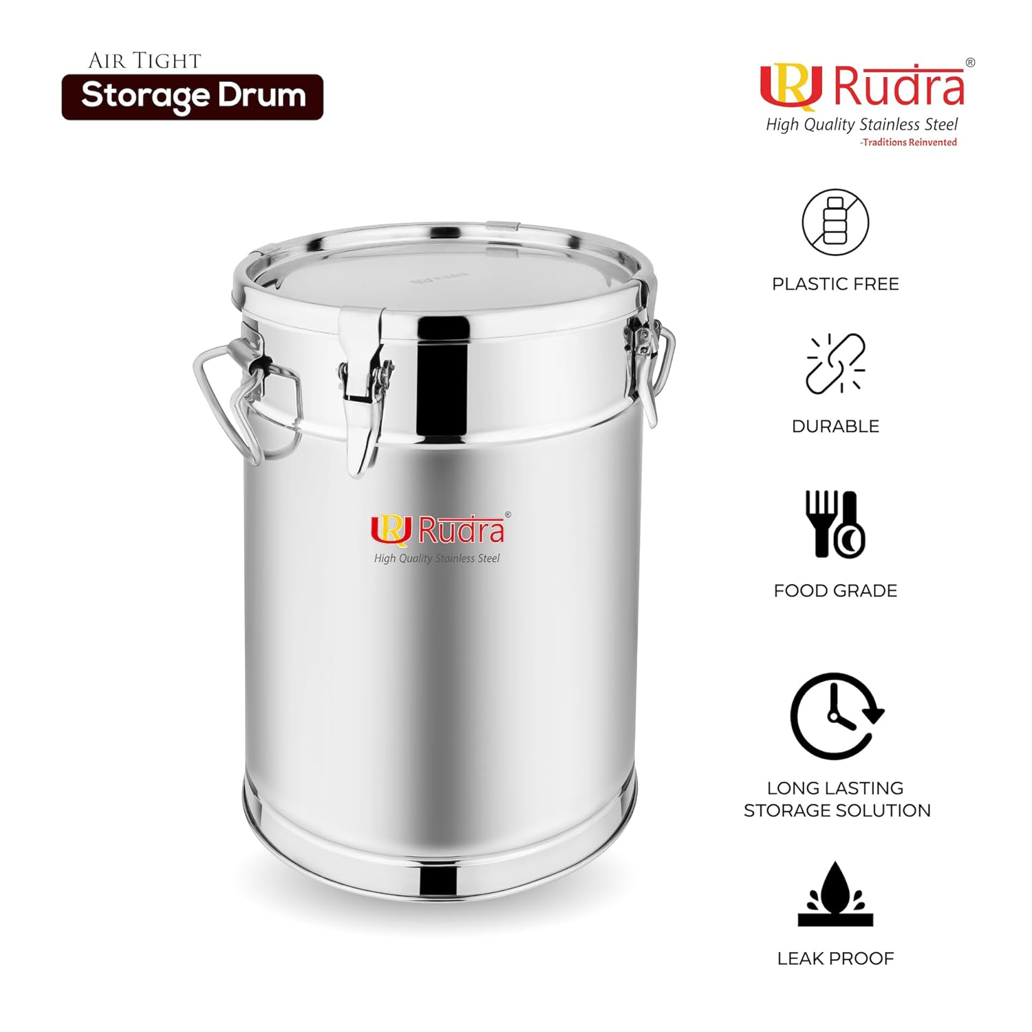 Rudra Stainless Steel Air Tight Container/Drum/Box for Kitchen Storage | Kothi | Rice | Flour Atta Big Dabba With Handle |