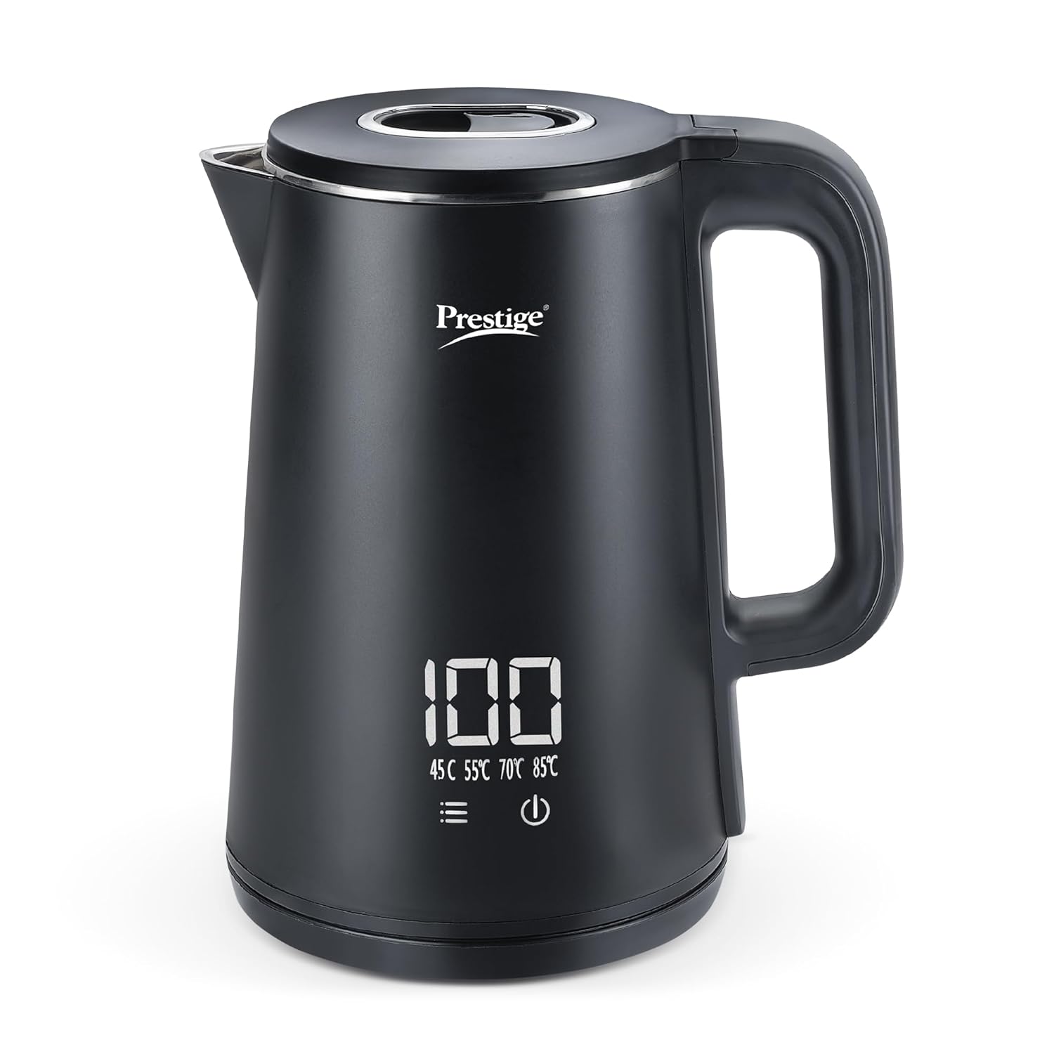 Prestige Stainless Steel Digi Kettle 2 L With 4 Preset Modes | Live Temperature Display | Elegant Cool Touch Design | Auto-Cut Off And Dry Heat Protection | 360 Degree Swivel Base, 1350 Watts, Black