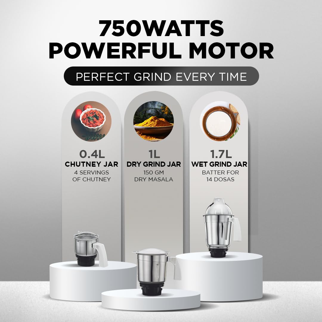 Preethi Popular Mixer Grinder 750 Watt with 3 Jars, 5 Year Warranty (White)