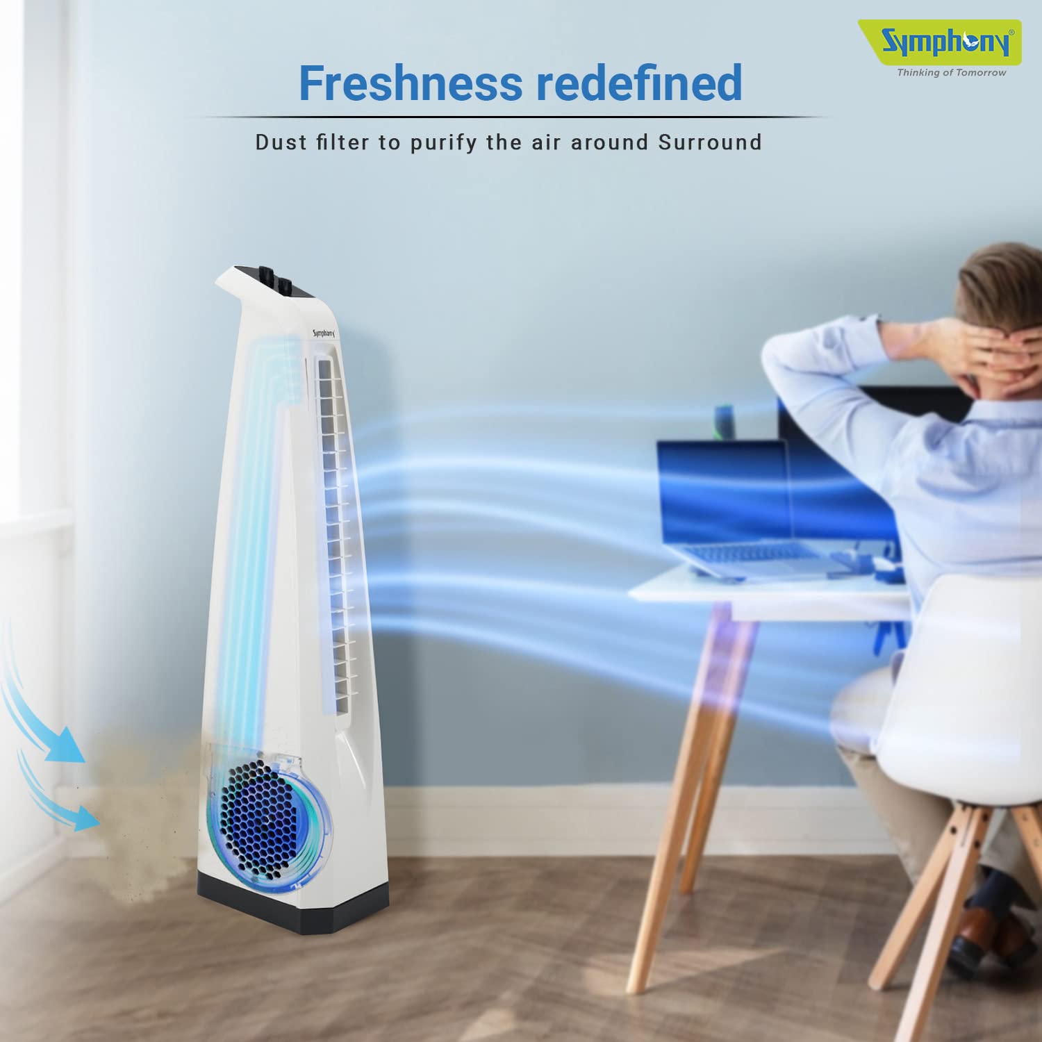 Symphony Surround High Speed Bladeless Technology Tower Fan for Home With Swivel Action, Dust Filter, and Low Power Consumption
