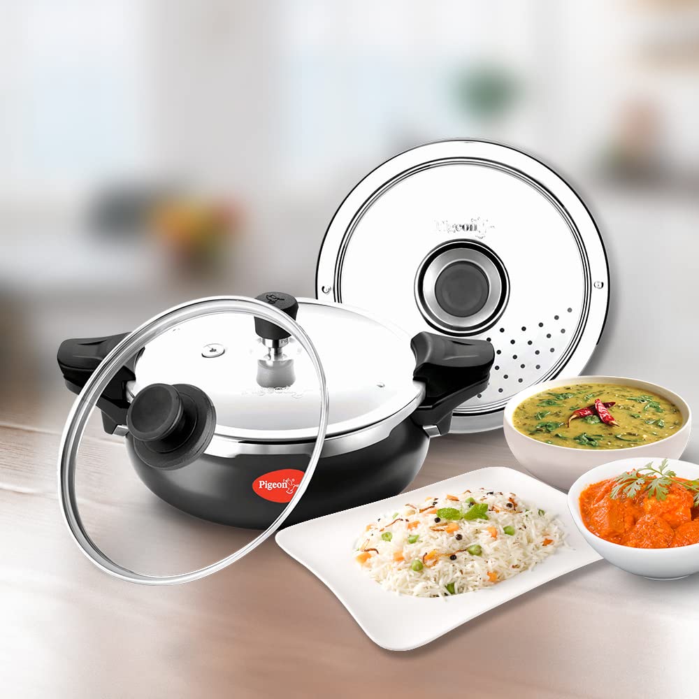 Pigeon All in One Ceramic Super Outer Lid Cooker, Black/Transparent - Aluminium & Stainless Steel