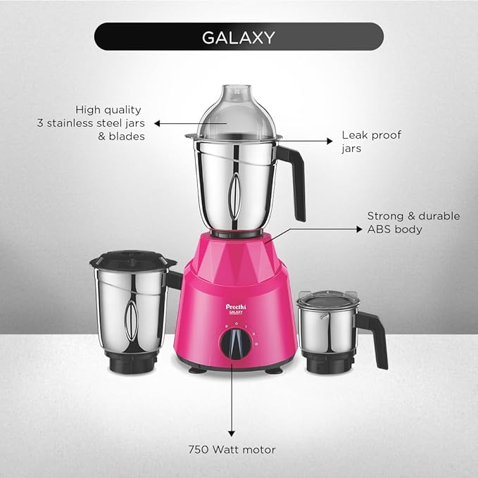 Preethi Galaxy Mixer Grinder 750 Watt with 3 Jars, 5 Yr Motor Warranty (Pink)
