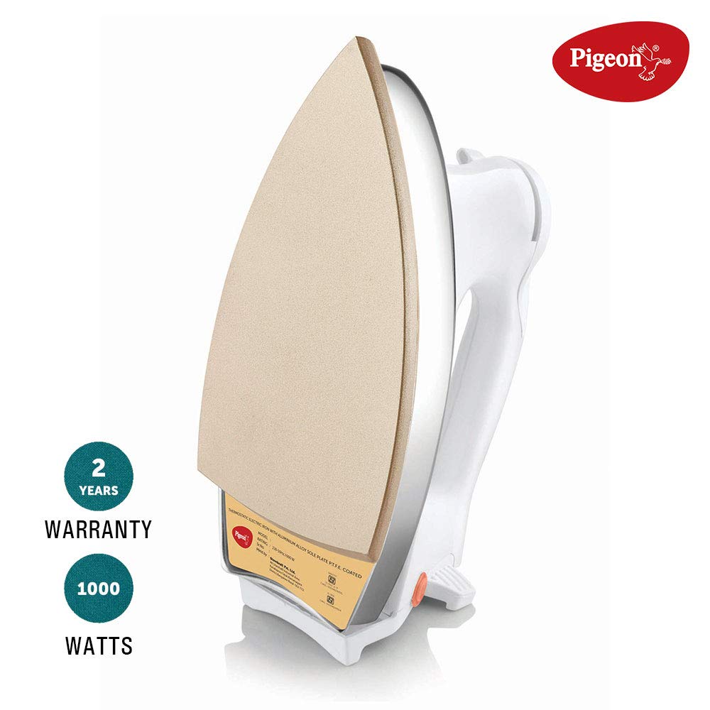 Pigeon by Stovekraft Gale Heavy Weight Dry Iron For Clothes| 1000 Watt Instant Heat & Shock Proof | 1.5KG (WHITE) | Gold Nonstick Base Plate | Over Heat Safety | 1.5 M Long Cord | 1 Year Warranty