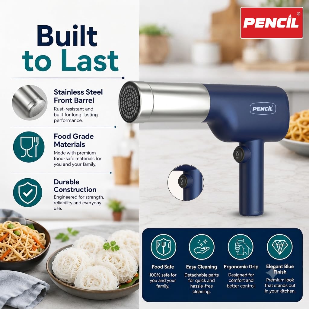 MultiPress Portable Electric Noodle Maker Cum Idiyappam Maker Cum Murukku Maker | Cordless Rechargeable 1500mAh Battery | 50W Motor | 5 Interchangeable Moulds | Kitchen Press Machine | Blue