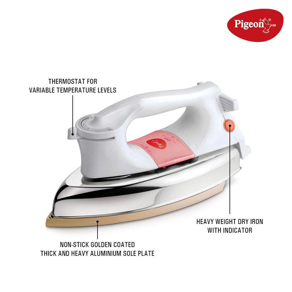 Pigeon by Stovekraft Gale Heavy Weight Dry Iron For Clothes| 1000 Watt Instant Heat & Shock Proof | 1.5KG (WHITE) | Gold Nonstick Base Plate | Over Heat Safety | 1.5 M Long Cord | 1 Year Warranty