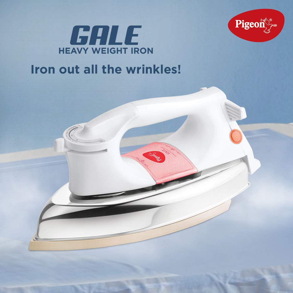 Pigeon by Stovekraft Gale Heavy Weight Dry Iron For Clothes| 1000 Watt Instant Heat & Shock Proof | 1.5KG (WHITE) | Gold Nonstick Base Plate | Over Heat Safety | 1.5 M Long Cord | 1 Year Warranty