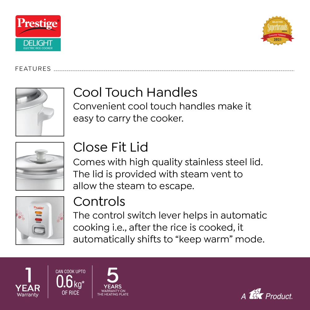 Prestige Delight PRWO 1.5 L Electric Rice Cooker|Detachable power cord|Durable body|Cool touch handles|White| Raw capacity-0.6L|Cooked capacity-1.5 L|Cooks for a family of 4 to 5 members