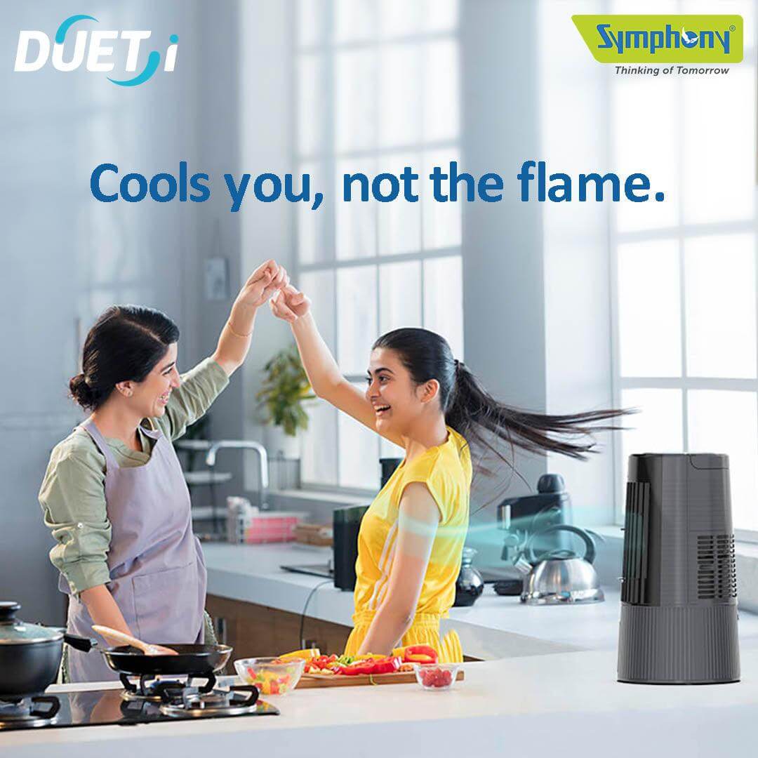 Symphony Duet-i Personal Kitchen Cooling Fan For Home and Office Tabletop with Honeycomb Pad, Powerful Blower, Auto Rotation and Low Power Consumption (6L, Grey)
