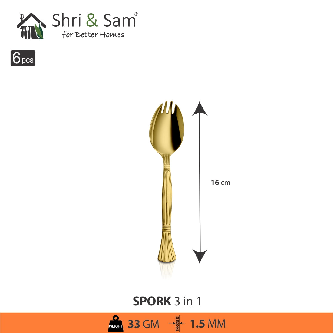 Jagdamba Cutlery Pvt Ltd. Cutlery 6 PCS Gold Spork with PVD Coating - 3 IN 1