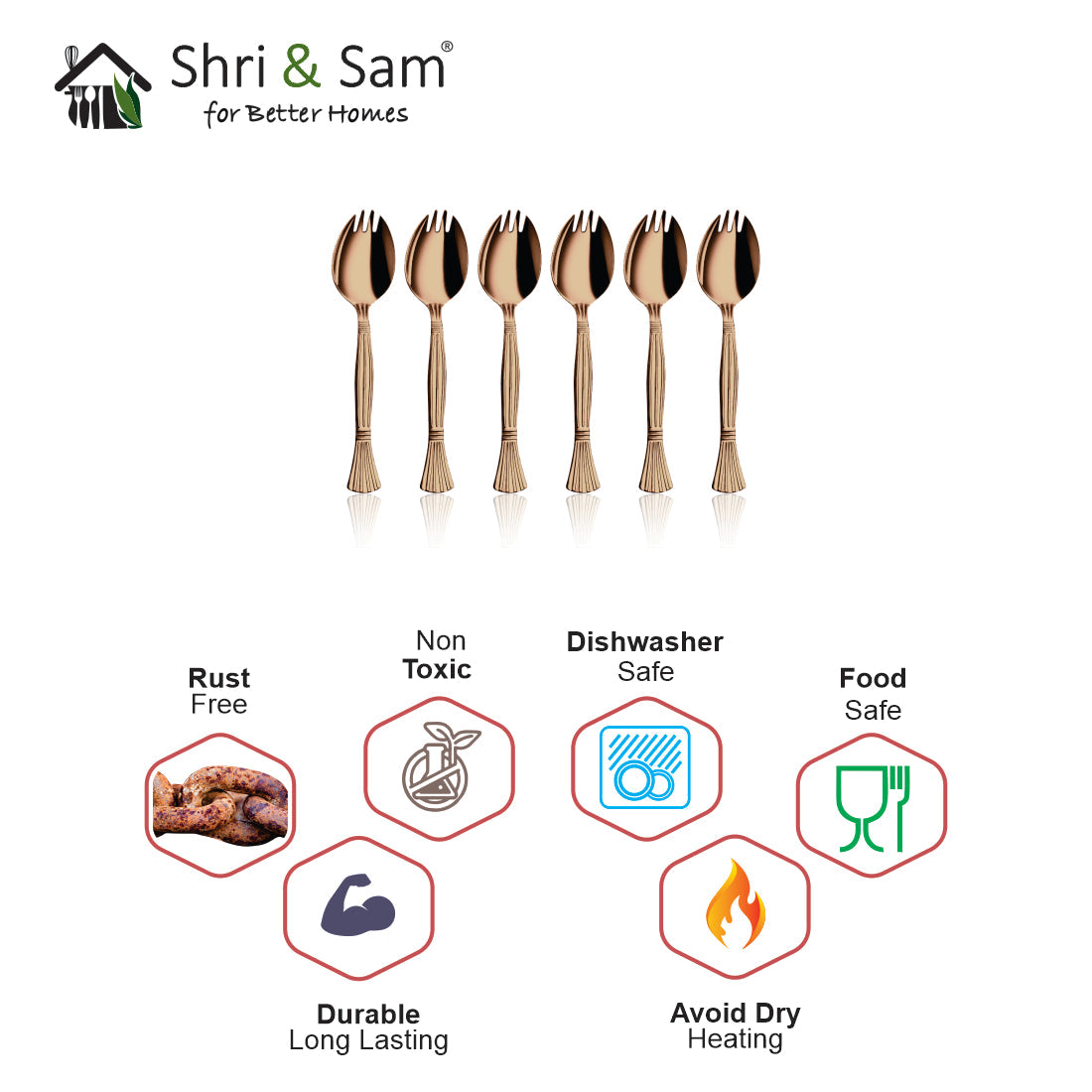 Stainless Steel 6 PCS Cutlery with Rose Gold PVD Coating Spork 3 IN 1