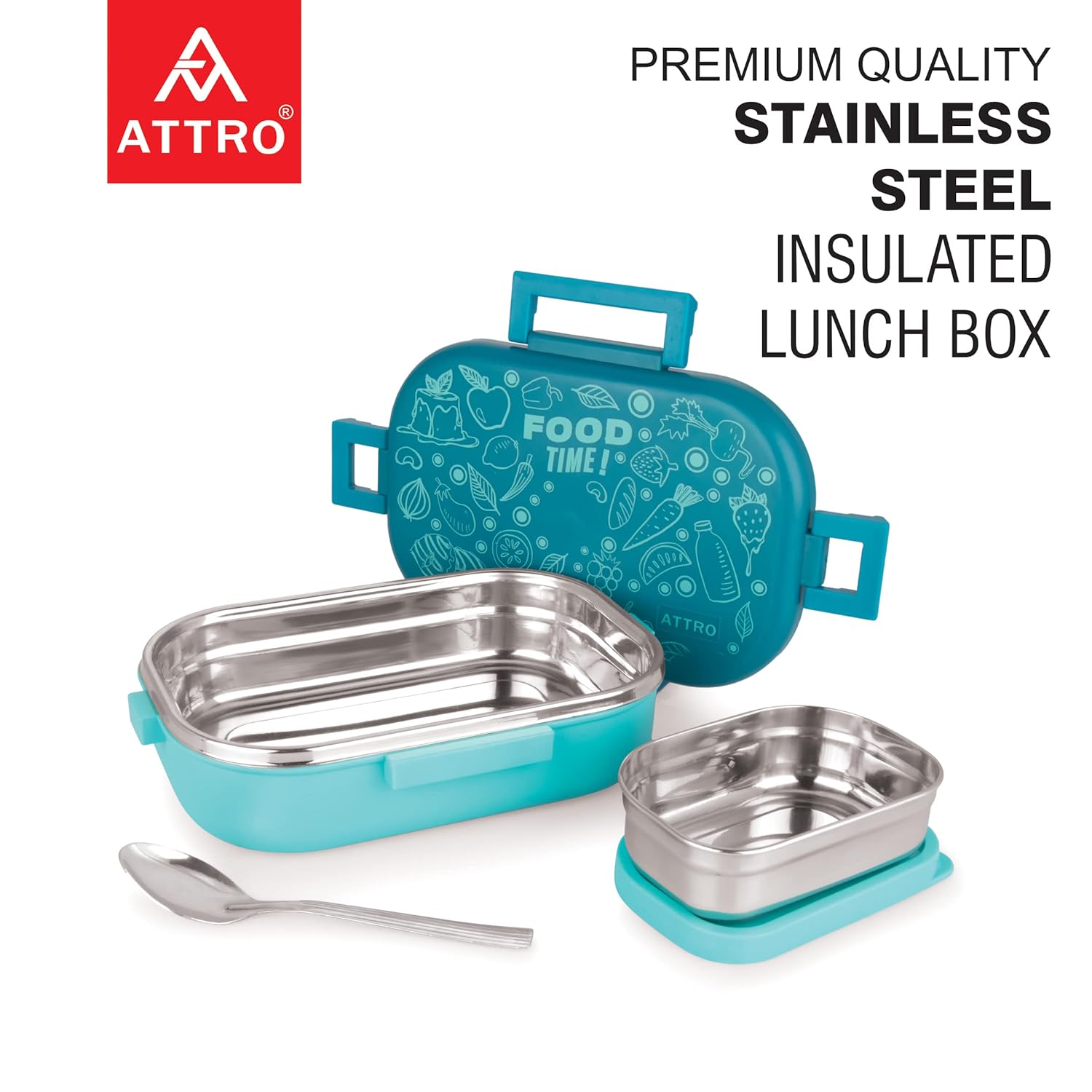 Food Time Stainless Steel Lunch Box, Airtight & Leak Proof - 2 Containers with Spoon (Big 750 Ml & Small 250 Ml) for Office Use, School, Picnic