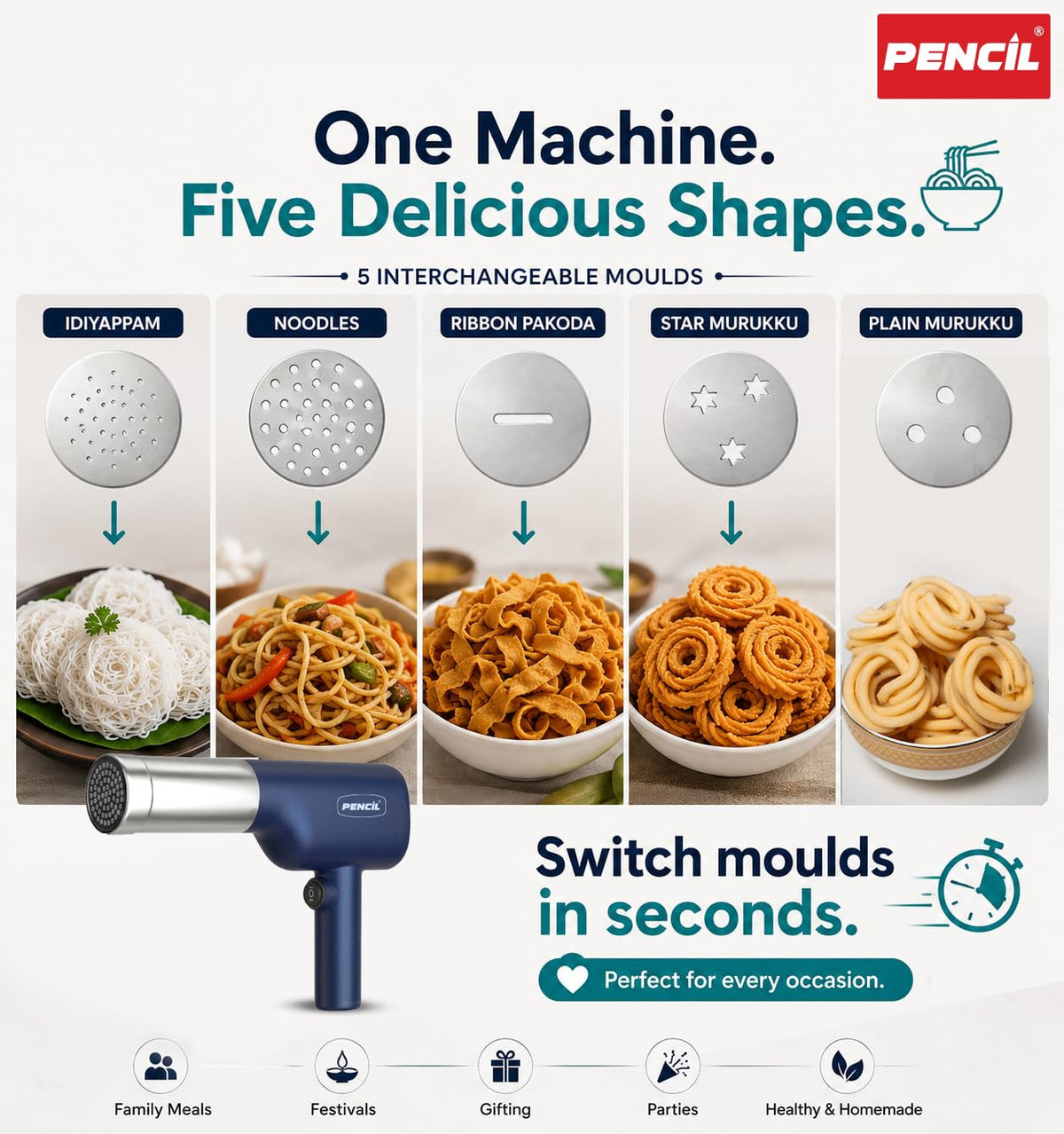 MultiPress Portable Electric Noodle Maker Cum Idiyappam Maker Cum Murukku Maker | Cordless Rechargeable 1500mAh Battery | 50W Motor | 5 Interchangeable Moulds | Kitchen Press Machine | Blue