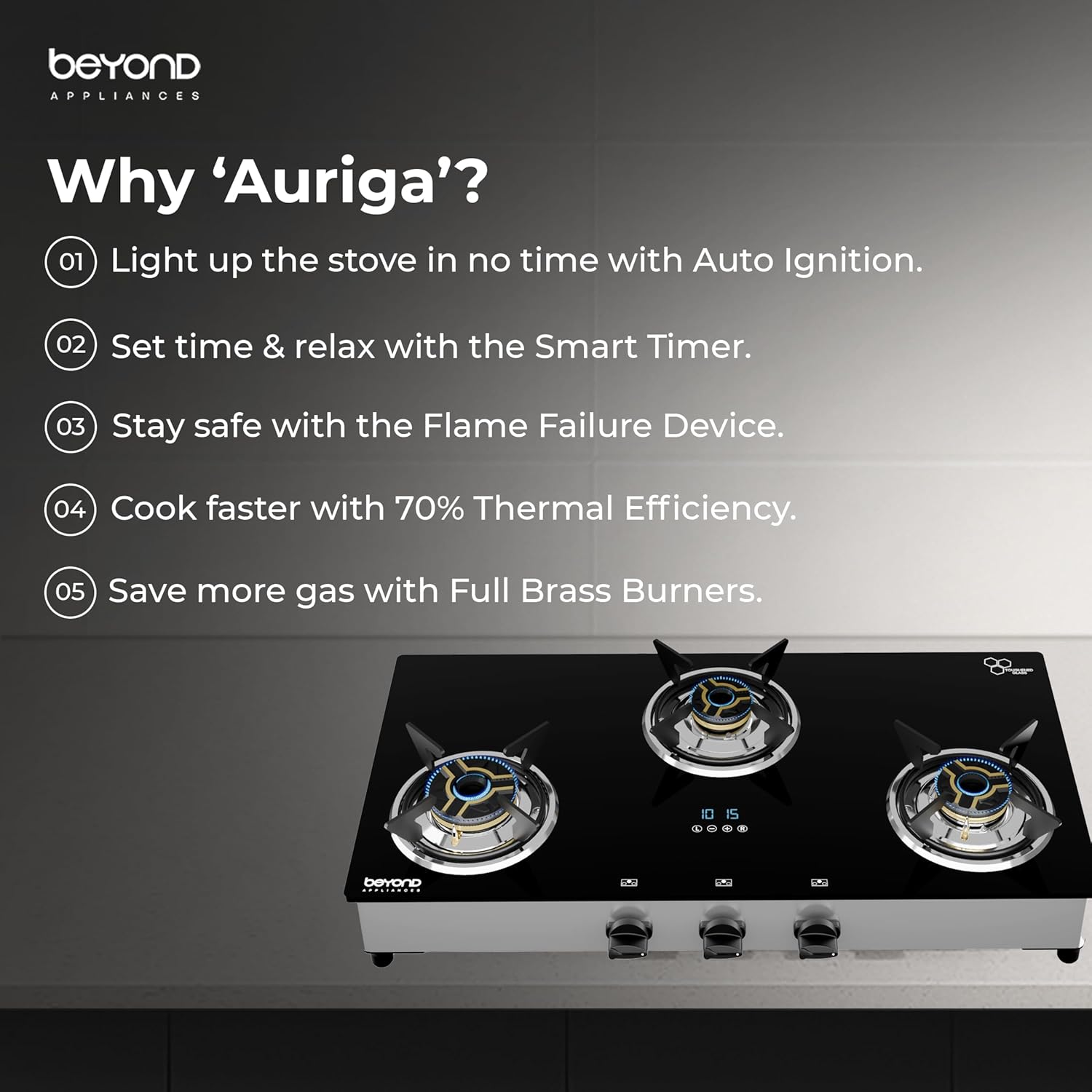 BEYOND Appliances Auriga 3 Burner Smart Glass Gas Stove | Auto Ignition | Digital Timer | Flame Failure Device | Toughened Glass