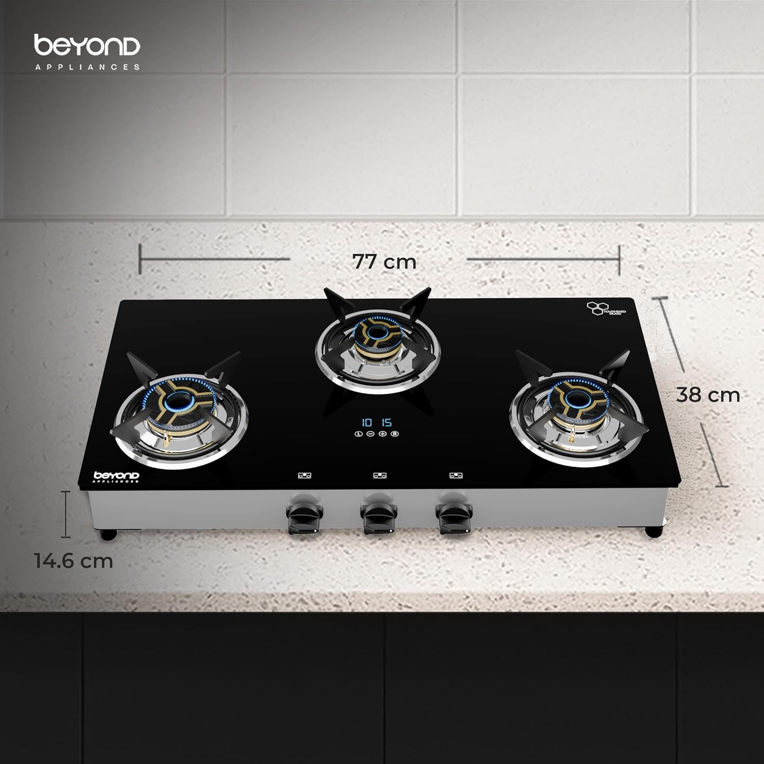 BEYOND Appliances Auriga 3 Burner Smart Glass Gas Stove | Auto Ignition | Digital Timer | Flame Failure Device | Toughened Glass
