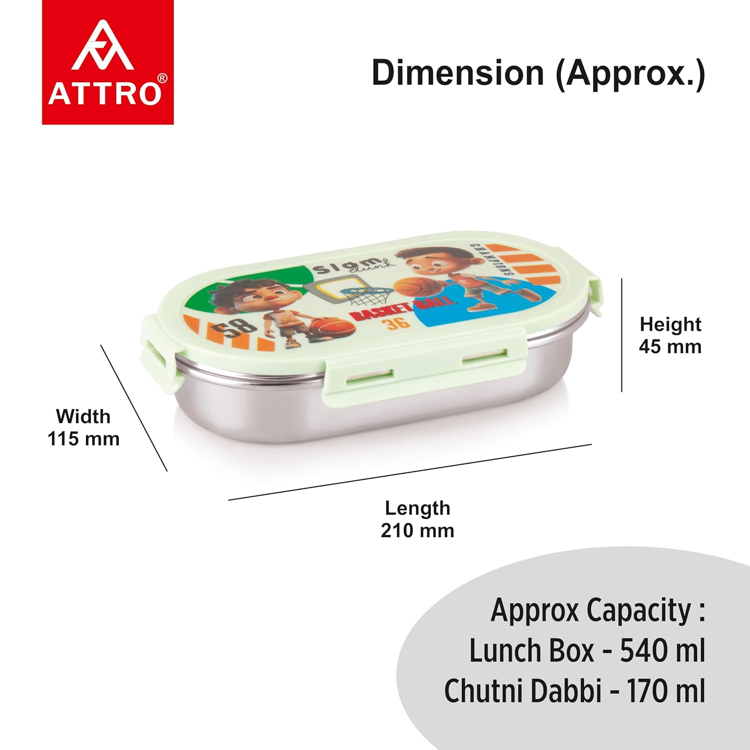 Pluto Stainless Steel Lunch Box with 1 Small Container Airtight Leak-Proof Food Grade - Grey 540ml+170ml