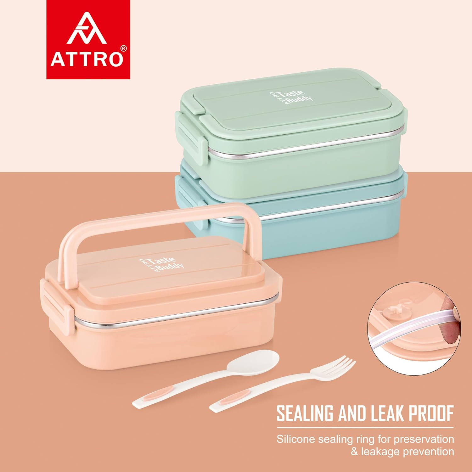 Taste Buddy Insulated Lunch Box with 2 Compartment 1 Spoons,/fork Stylish Lid with Easy Carrying Handle,1 Seprate Internal Lid Perfect for School,Office-800Ml (Multi color)