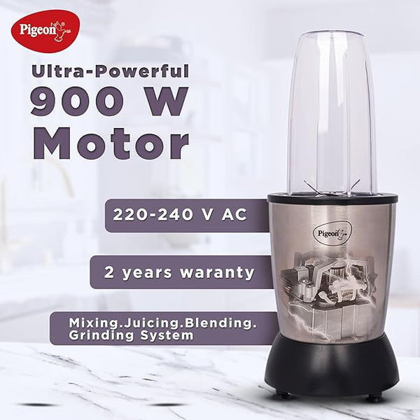 Pigeon 900 Watts Nutri Mixer with 3 Food Grade Jars || Smoothie/Juicer Jar 0.8 Litre|| Multipurpose Jar 0.5 Litre|| Dry Grinding Jar 0.2 Litre (Additional Sipper Cap Attachment), Silver