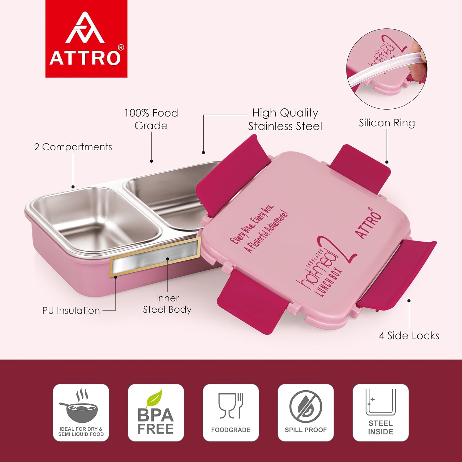 Hot-Meal 2 Insulated Lunch Box with 2 Compartment, Inner Stainless Steel & Locking Lid BPA-Free Food Grade Ideal for School, Office - 800ml