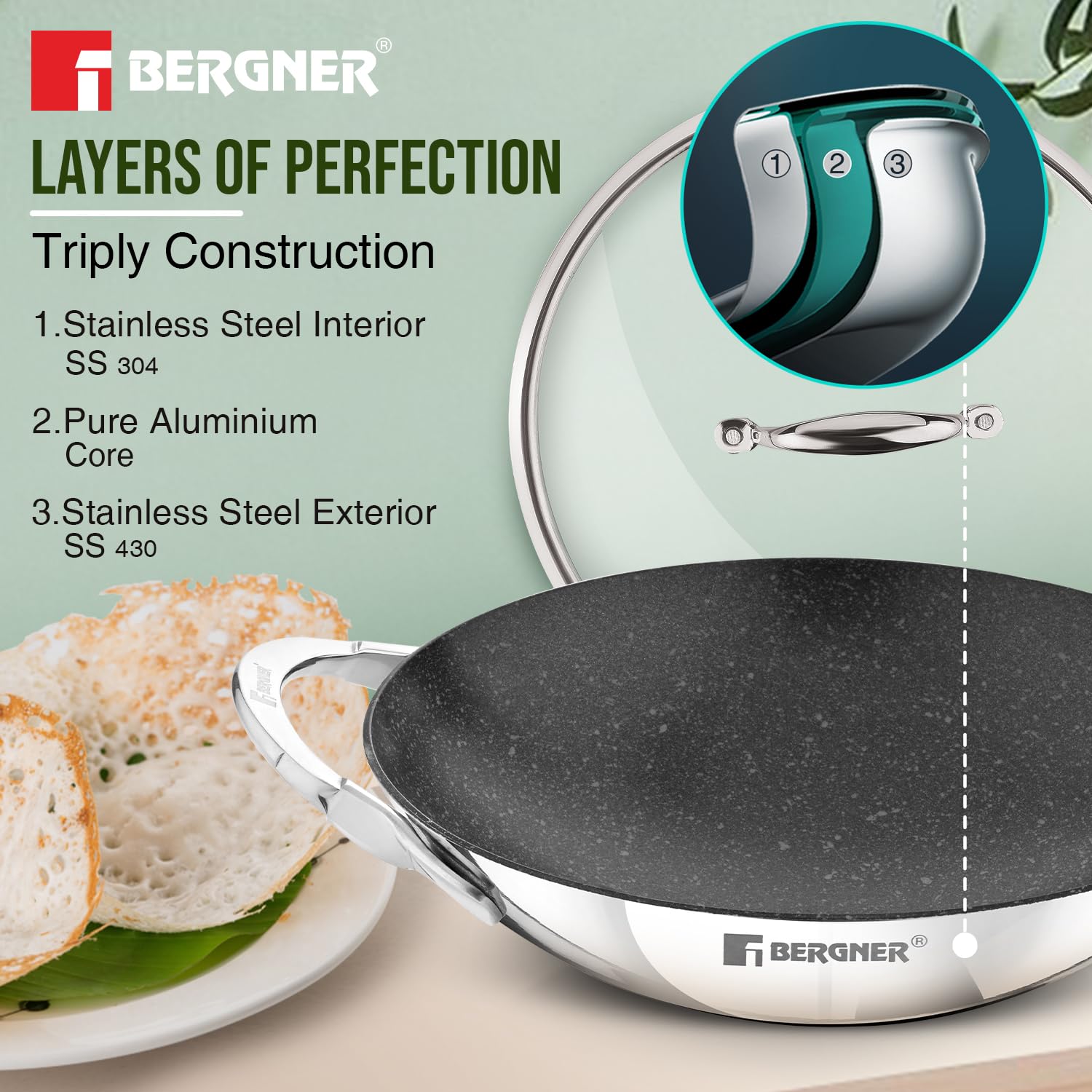 Bergner Argent Samsara Tri-Ply Stainless Steel 21cm Appachetty with Glass Lid, Quantanium Coating Inside, Consumes Less Oil - Gas Stove Compatible