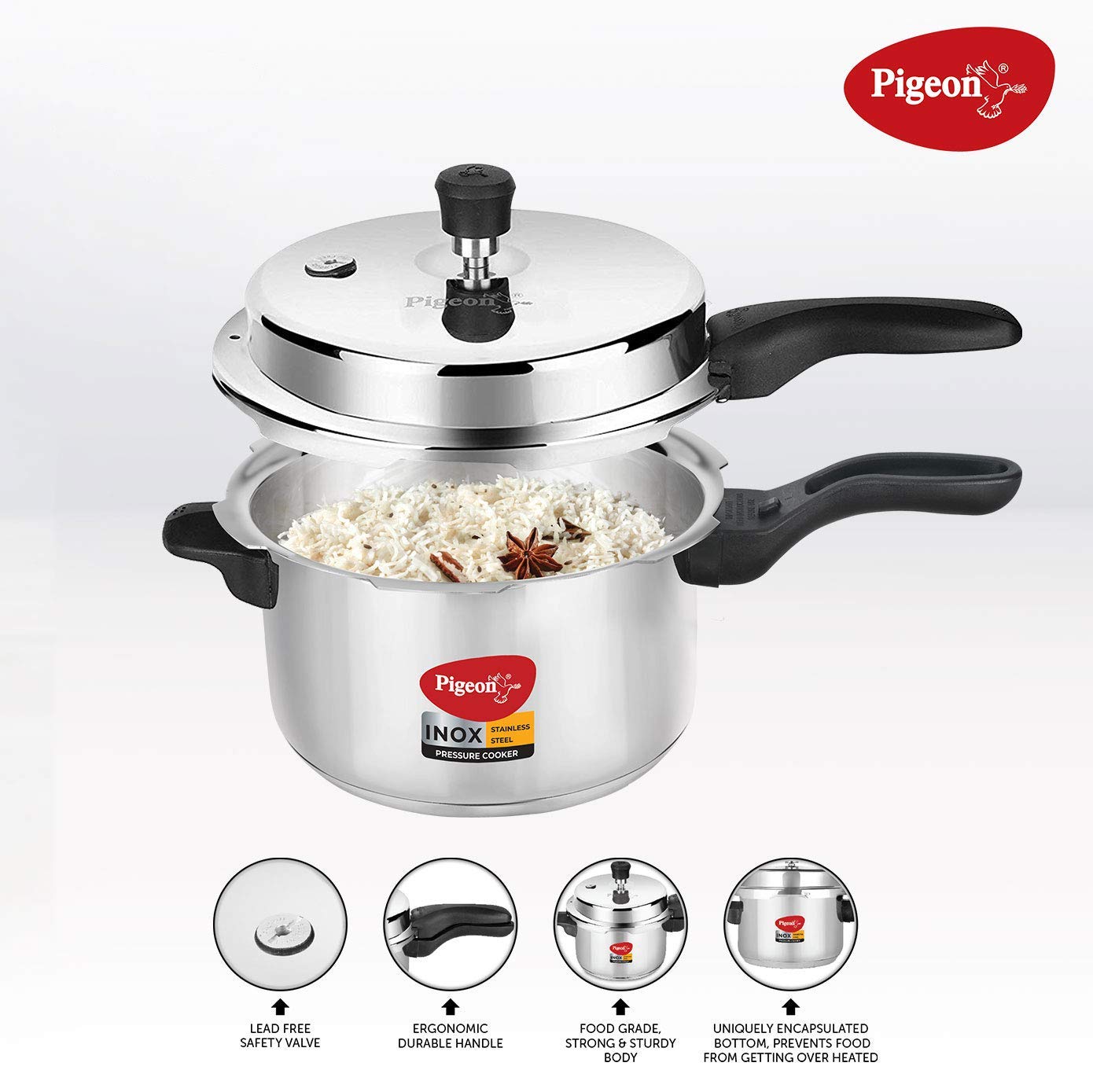 PIGEON Inox Stainless Steel 5 Litre (14046), Induction Base Pressure Cooker, Outer Lid, Silver