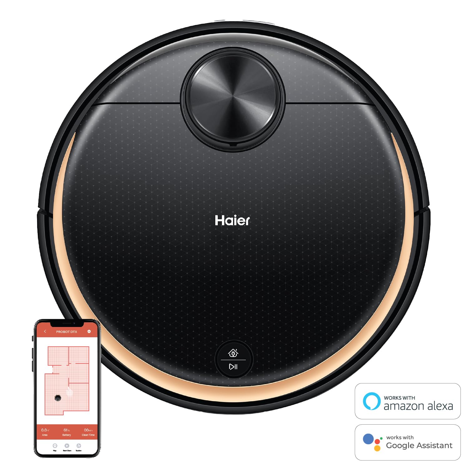 Haier PROBOT-DTX Robotic Vacuum Cleaner for Home & Office, Laser Navigation, Memory Mapping, BLDC Motor, 5000pa Suction, 3200mAh Battery, Ultra Thin, App+TV Control w/Alexa & Google Assistant(Black)