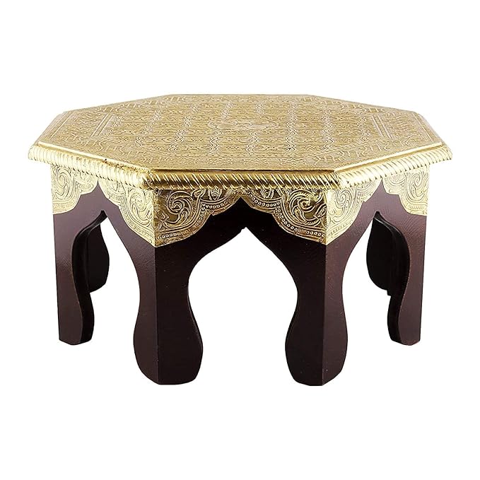LIME Pooja Bajot Stool/Octangle Pooja Decor/Brass Chowki/Patla/Chowki for Daily Prayer/Sitting Chowki for All Purpose